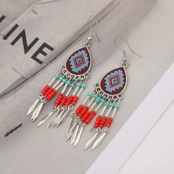 Red Boho Tribal Beaded Dangle Earrings Gypsy Ethnic Festival Jewelry Gift - Picture 2 of 4